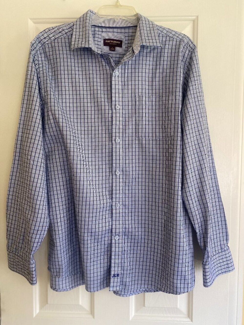 JOHNSTON & MURPHY long sleeve cotton button down navy white black olive, size L - Picture 2 of 6